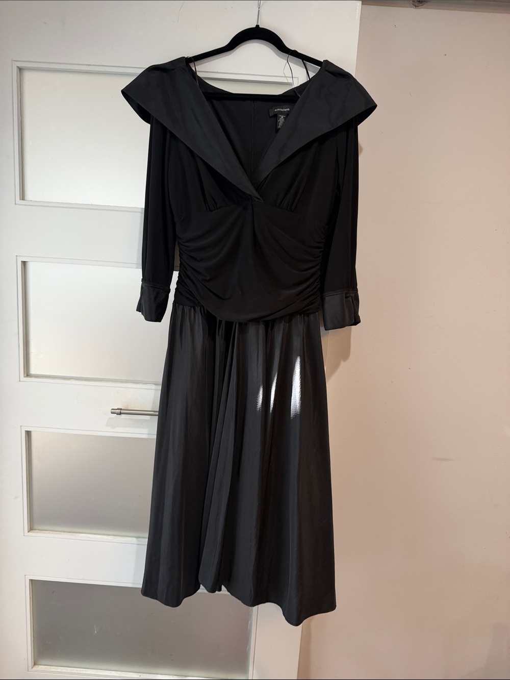 R&M Richards Black Draped Midi Dress with Wide Collar
